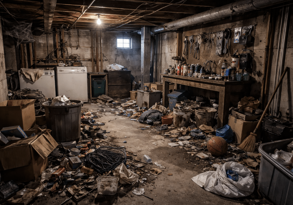 Cluttered basement before reduction