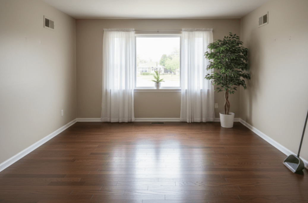 Empty, broom-clean living room ready for real estate listing after cleanout
