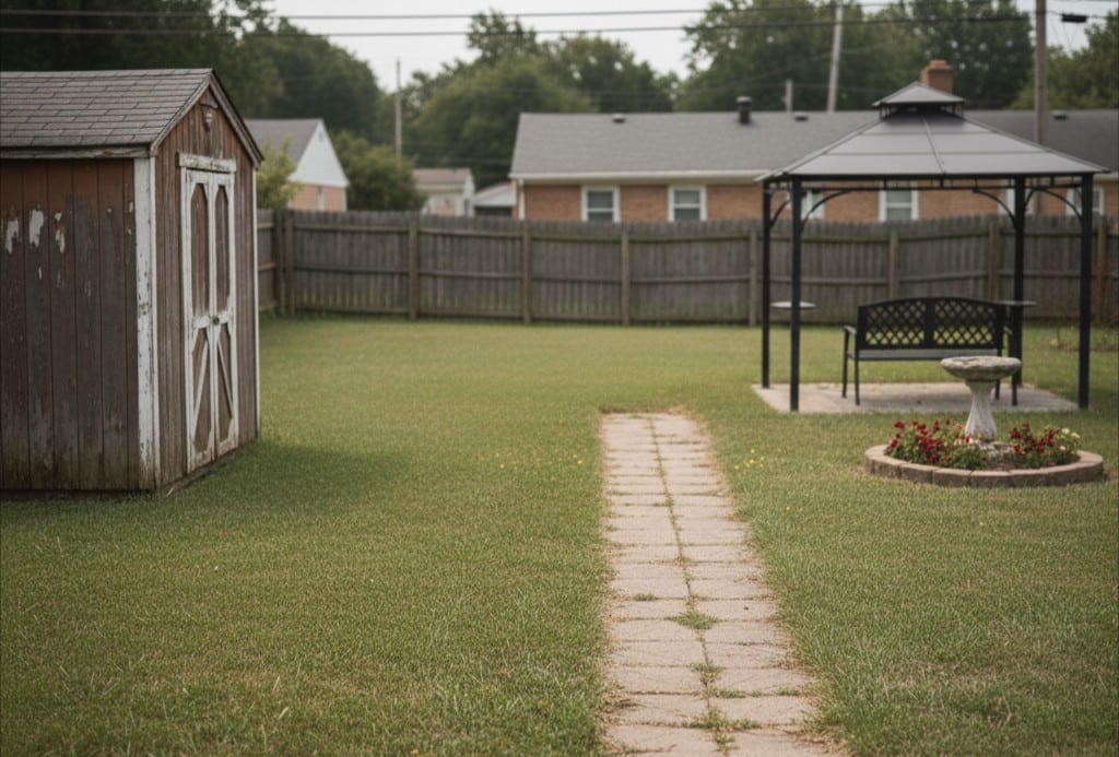 Spotless backyard lawn and gazebo area after full debris removal.