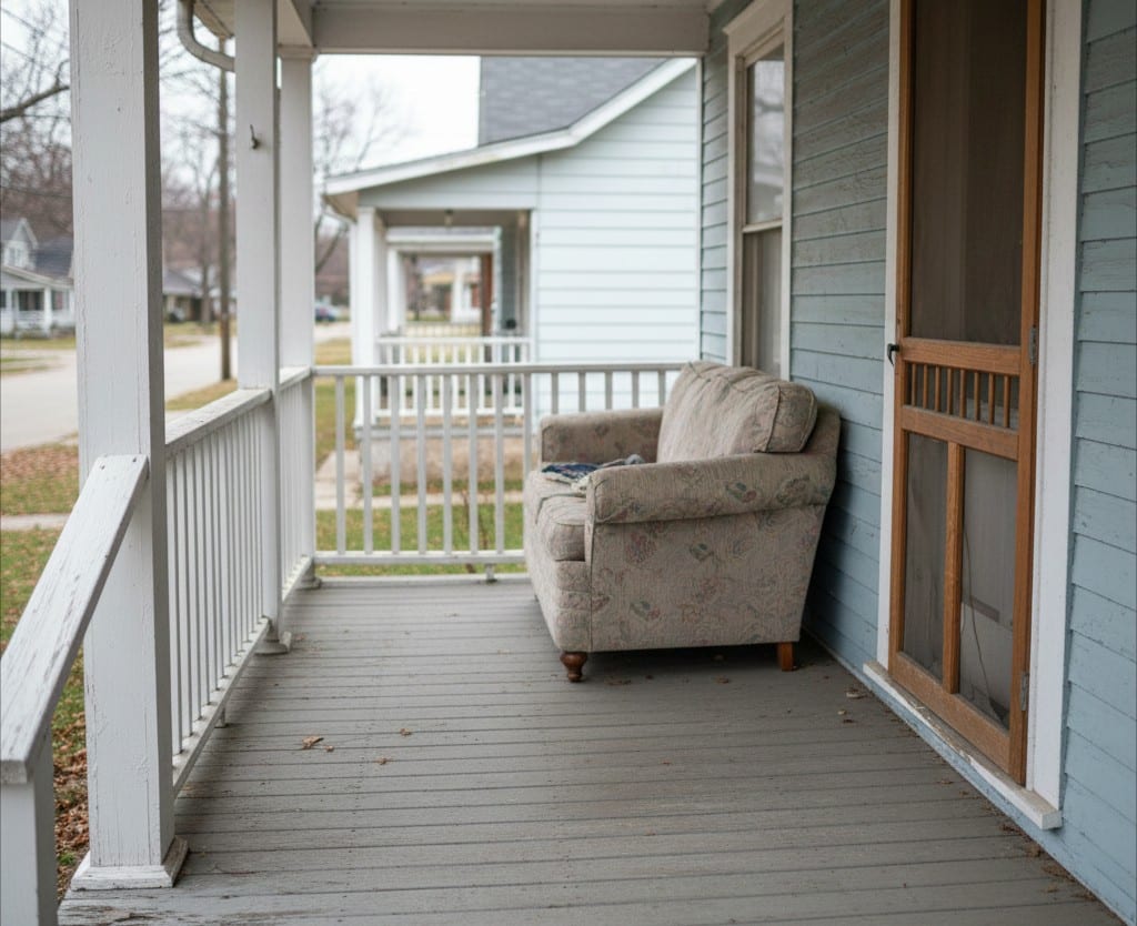 Organized and clean front porch entryway after hauling service.