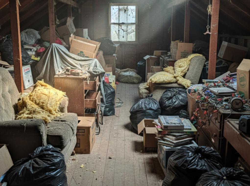 Cluttered attic in Owensboro before professional junk removal