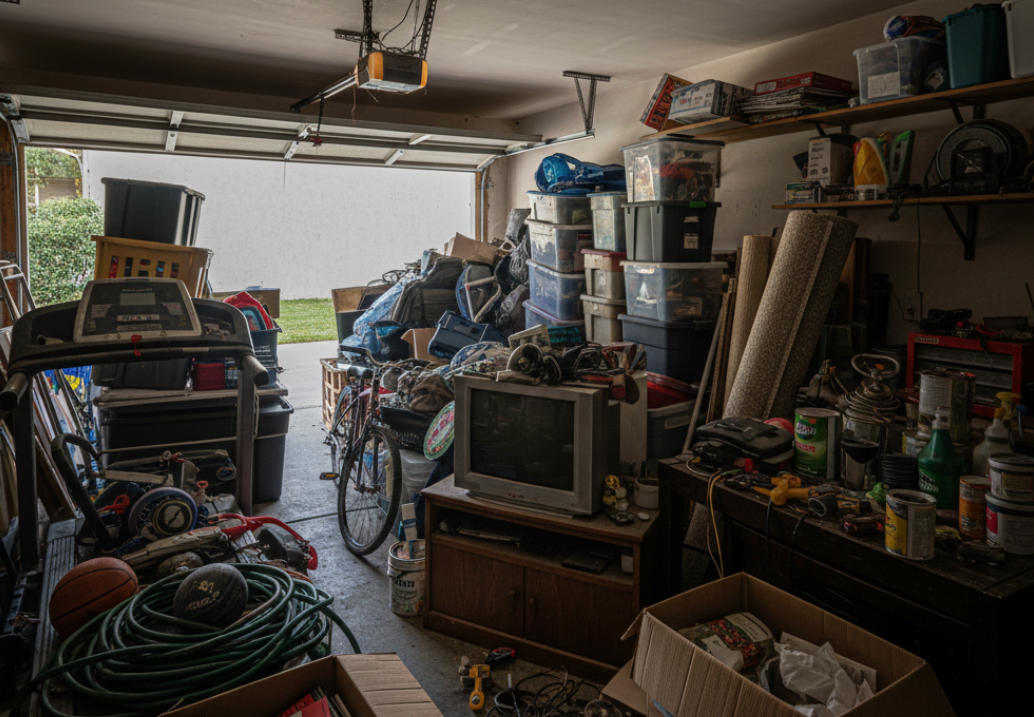 Before professional junk removal showing heavy garage clutter