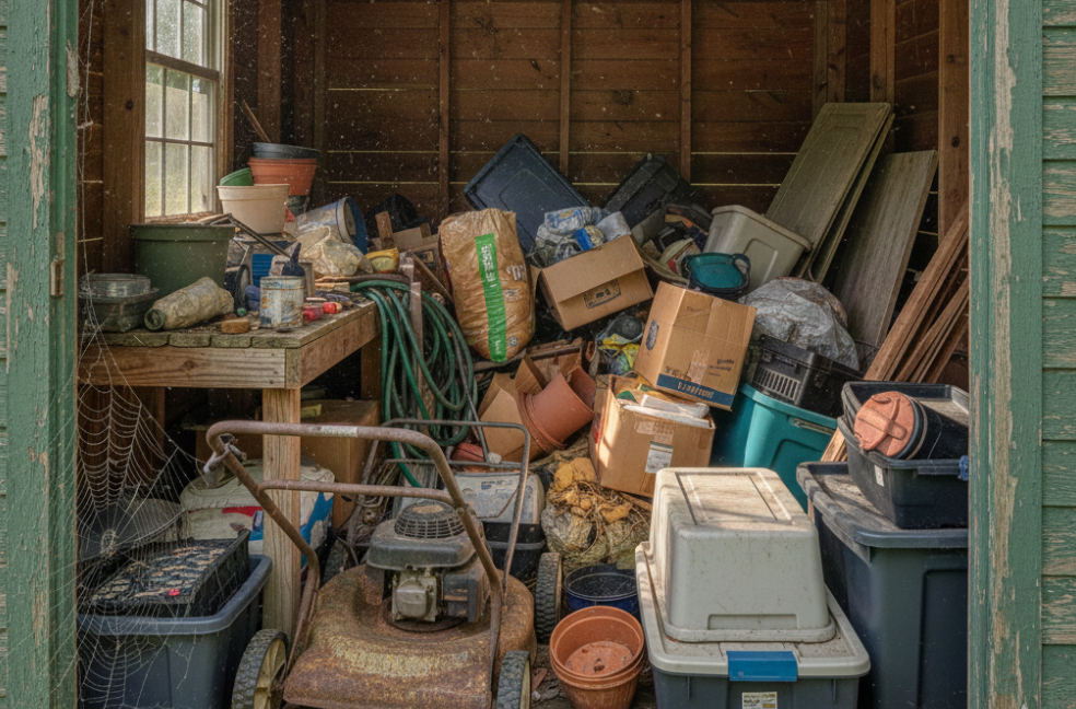 Cluttered garden shed in Owensboro before professional junk removal