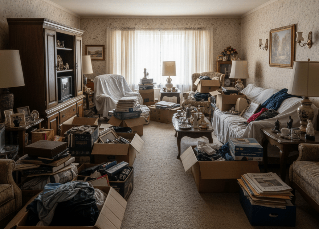 A cluttered living room filled with old furniture, lamps, and numerous cardboard boxes packed with household items before a professional estate cleanout in Owensboro.
