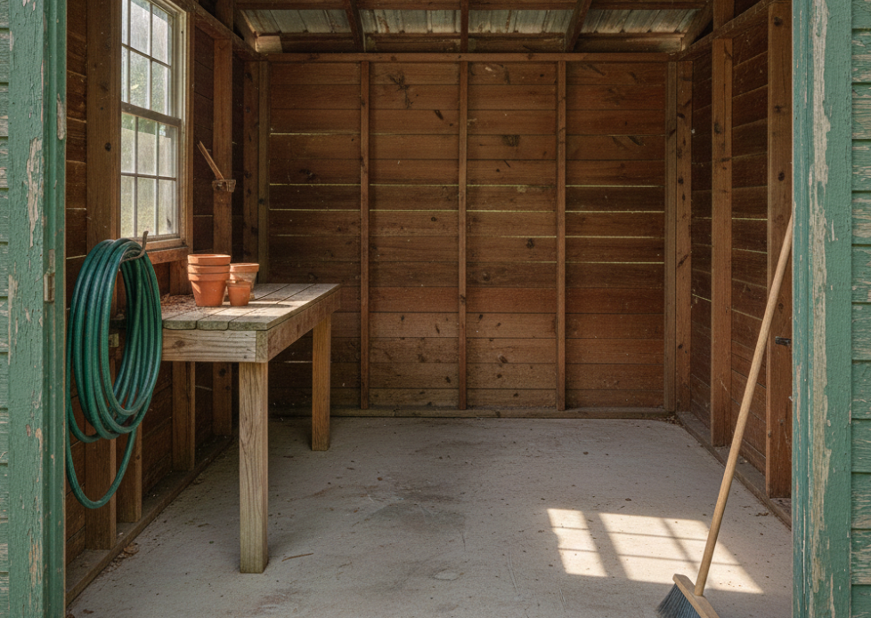 Empty and swept garden shed in Owensboro after junk removal service