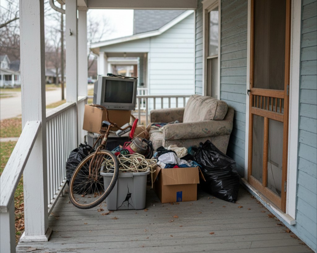 Front porch cluttered with old furniture, electronics, and trash bags.