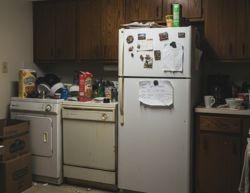 Cluttered kitchen with old refrigerator and appliances before removal
