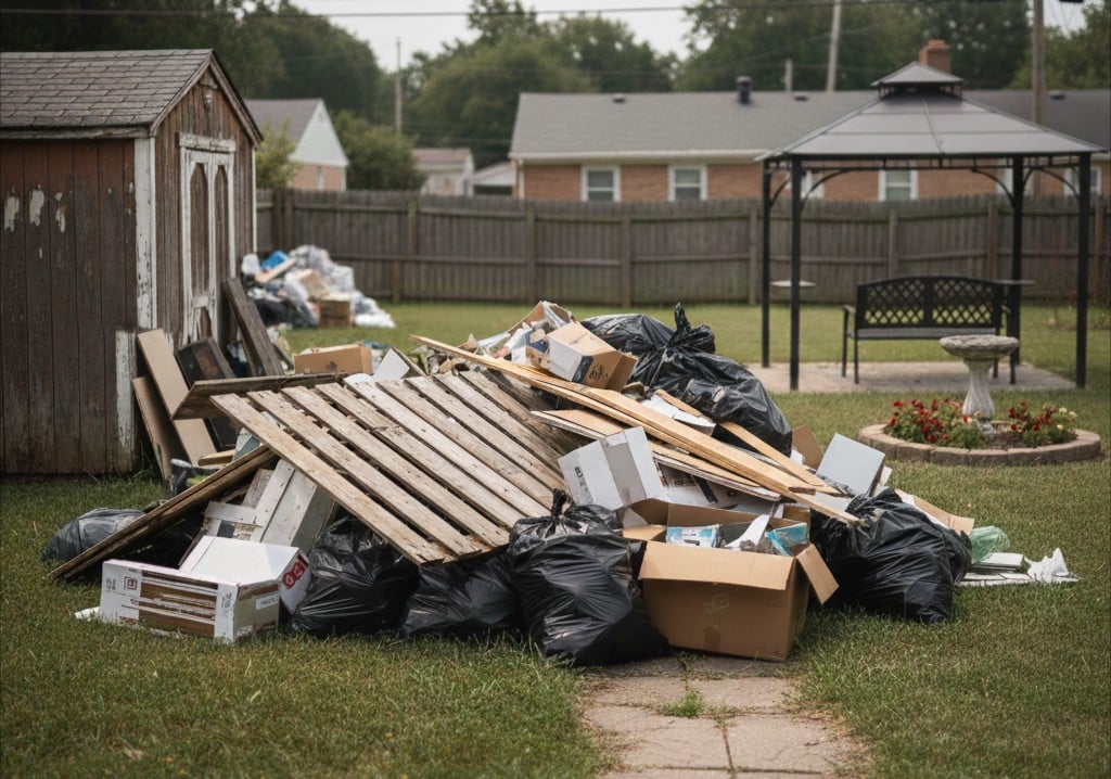 Large pile of yard waste and wood fencing in an Owensboro backyard.