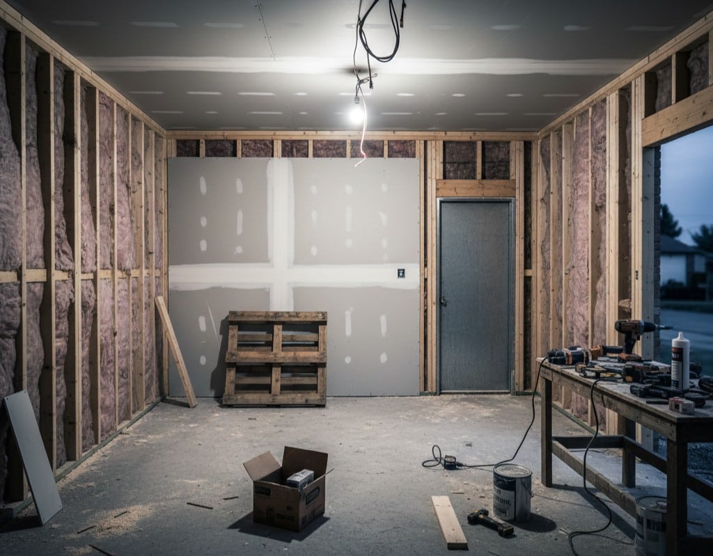 Cluttered unfinished garage in Owensboro with old boxes and pallets.