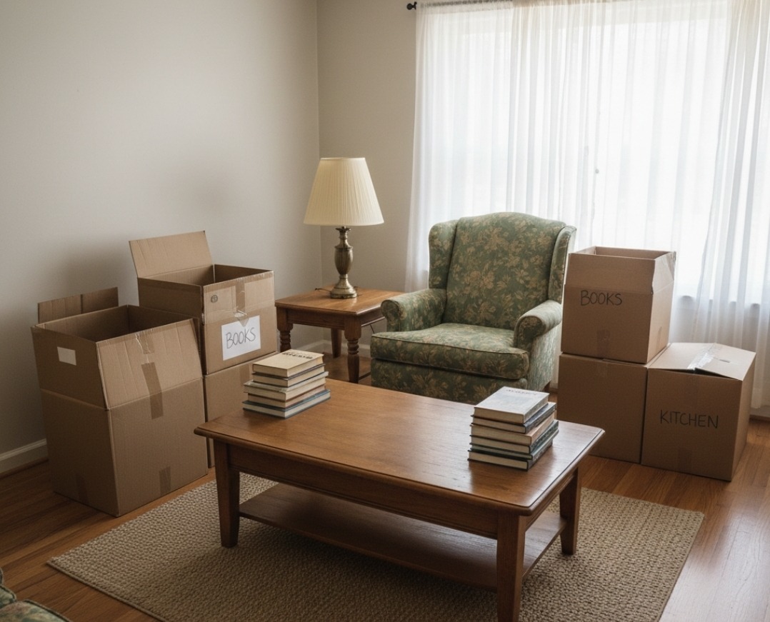 Cluttered Owensboro living room with furniture ready for donation pickup